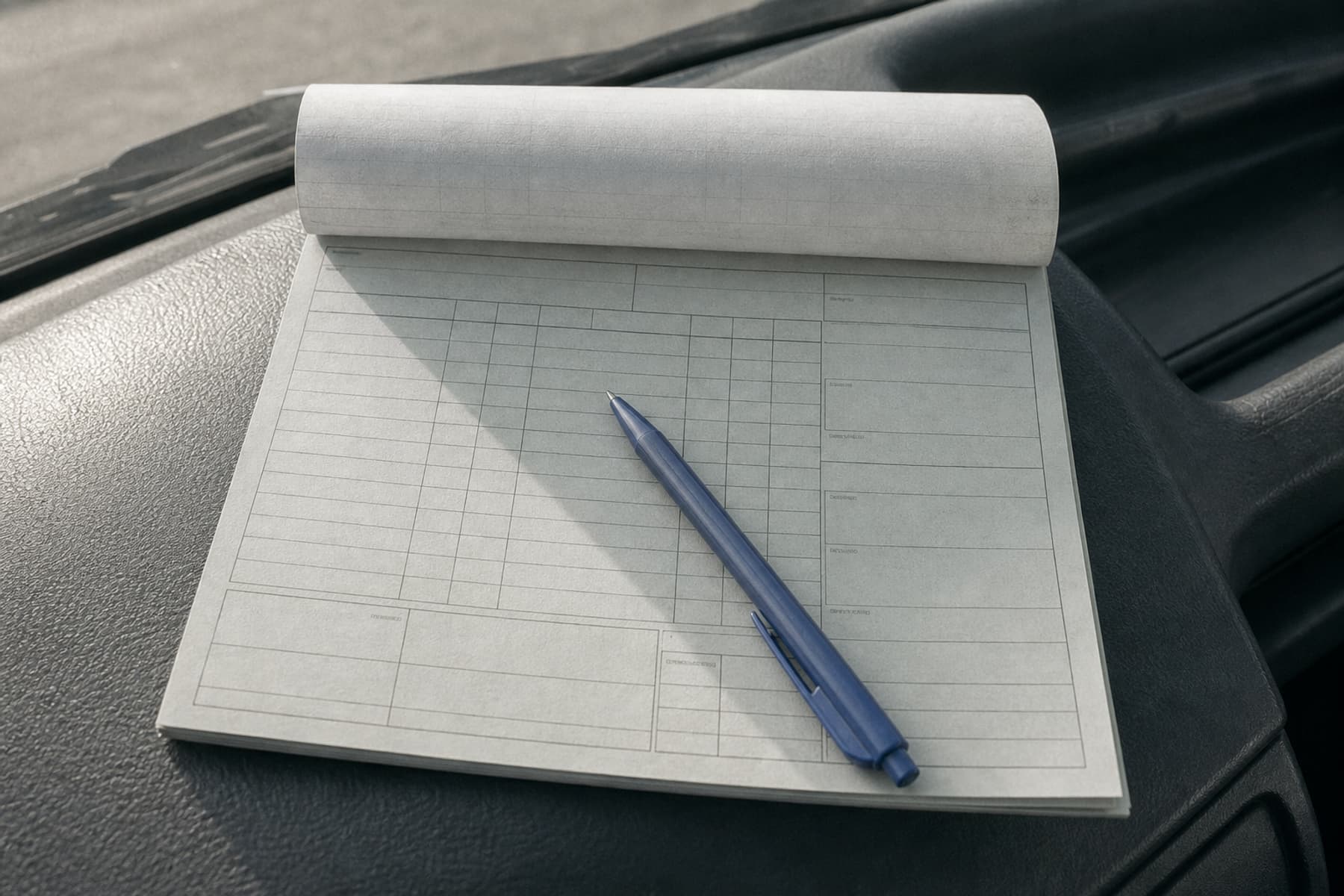 An open duplicate job book and a ballpoint pen on the dashboard of a work van
